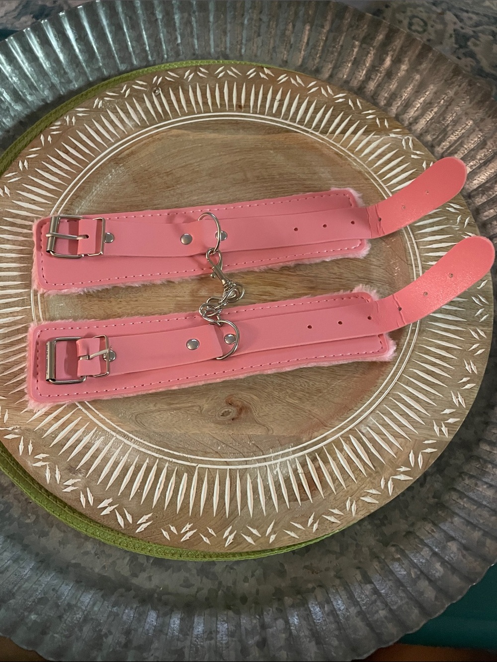 Pink Faux Leather Wrist Cuffs with Chain